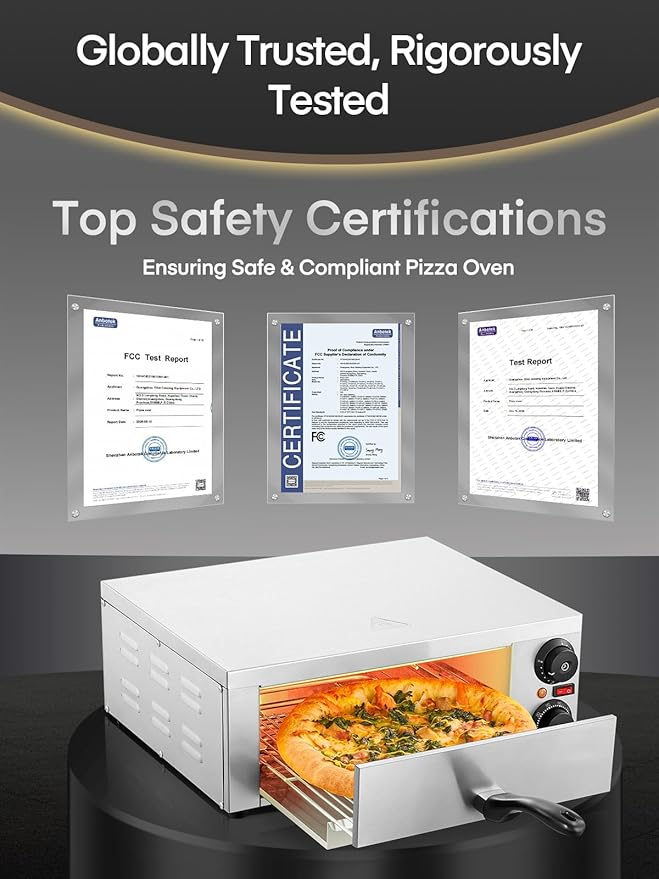 Commercial Pizza Oven, 12 Inch Pizza Oven Indoor with 662°F Max Temp, Electric Pizza Cooker with Alert Timer, 1800W Stainless Steel Pizza-Maker Machine, for Restaurant, Home, Party, Silver