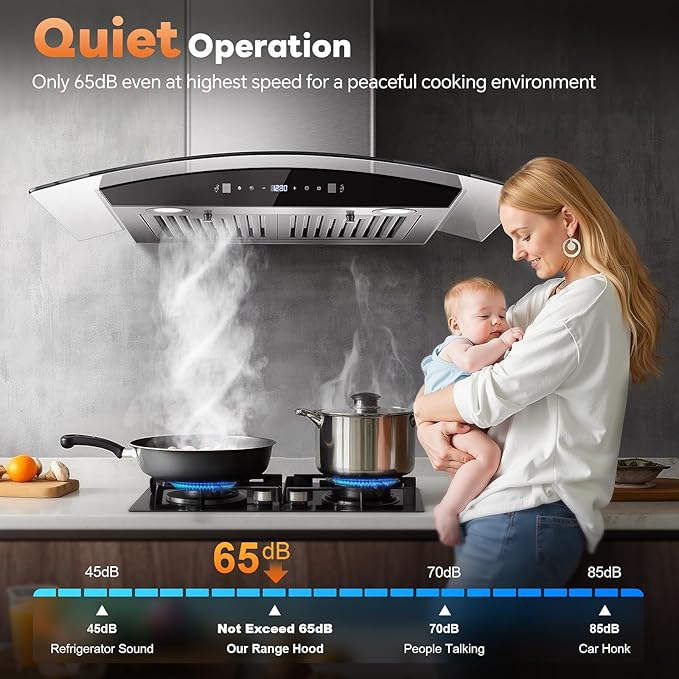 Range Hood 30 Inch, Tieasy Wall Mount Kitchen Hood with Ducted/Ductless Convertible Duct, Stainless Steel Chimney and Baffle Filters, Touch Control Fan Timer, LED Lights, 3 Speed Fan