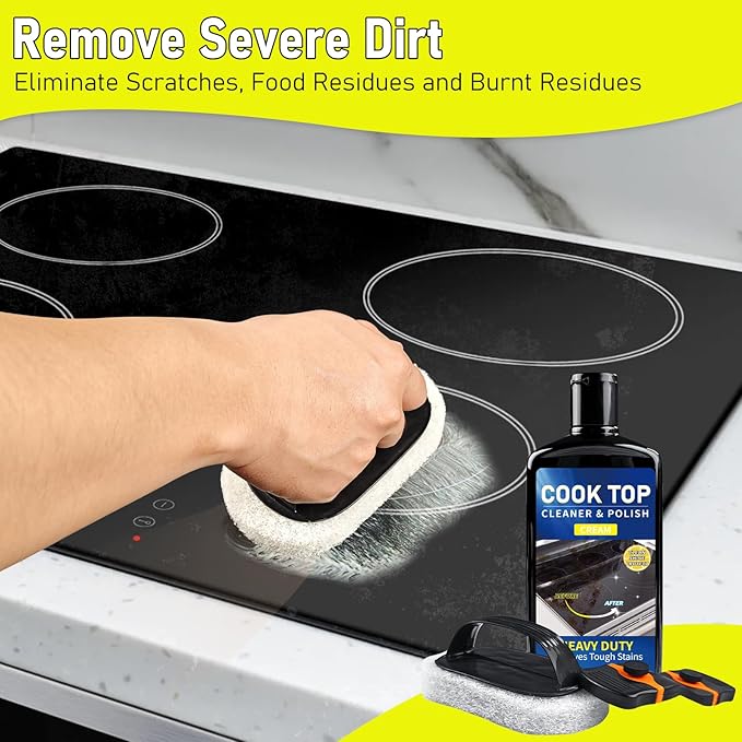 Cooktop Cleaner Kit,17 oz Glass Top Stove Cleaner and Polish,Stove Top Cleaner Kit with Scraper,Scrubbing Pad,Removes Tough Stains