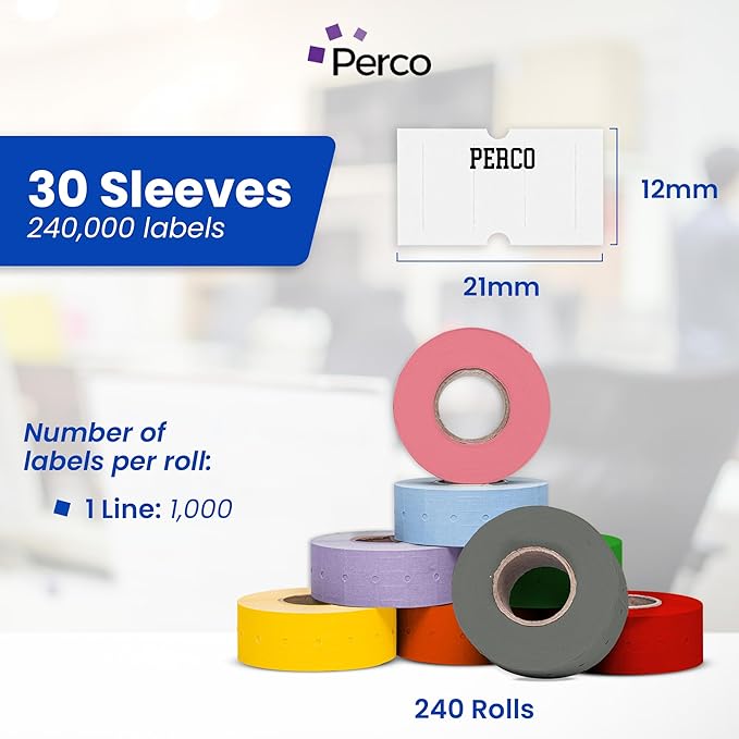Custom Price and Date Labels for Perco Lite, X, Plus and Perco Pro 1 Line Guns - Choose Color, Font and Imprint - Case of 30 Sleeves