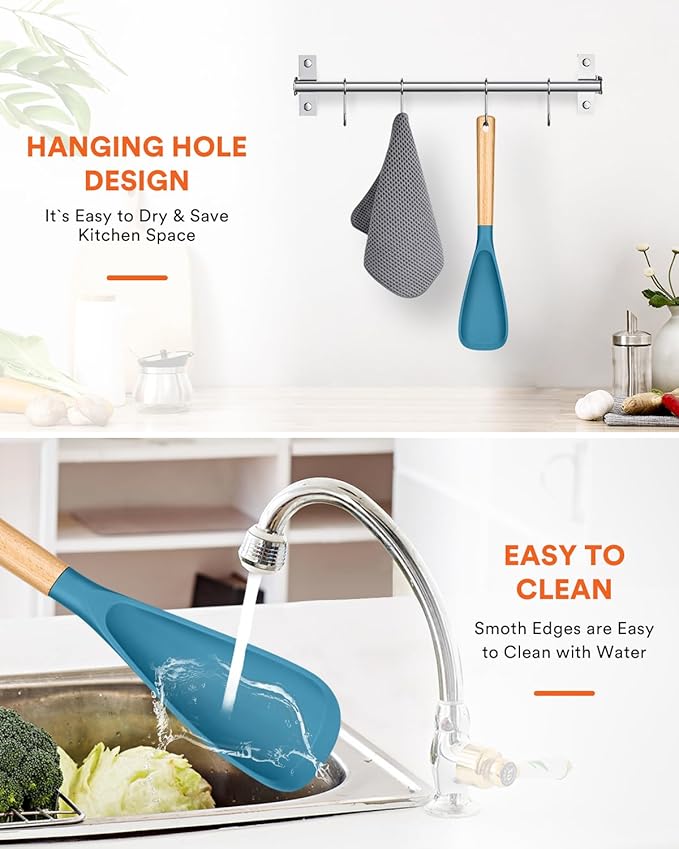 Cooking Spoon for Nonstick Cookwares, Great for Cooking and Serving Sturdy BPA-Free Matte Silicone, Wood Handle Spoon for Mixing, Scoop, and Scrape (TURQ, 13.4 inch)