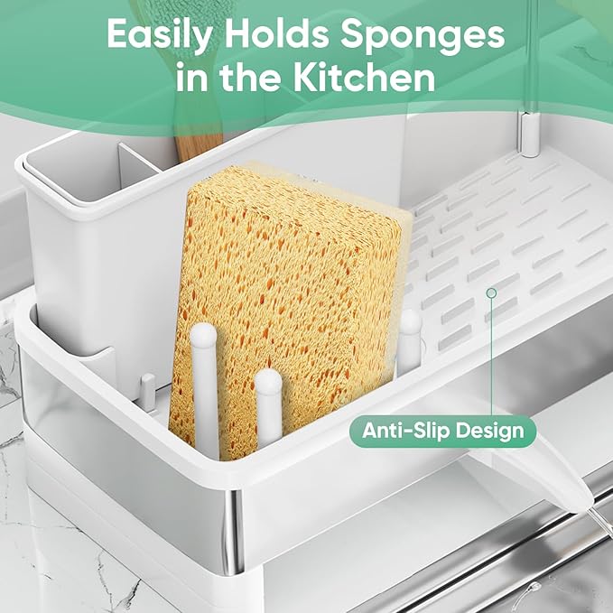 VUSIGN Sponge Holder for Kitchen Sink, Sink Caddy Organizer with Brush Holder, Rustproof Stainless, Self-Draining Sink Organizer for Countertop, Sponges, Brushes, Kitchen Decor and Accessories, White