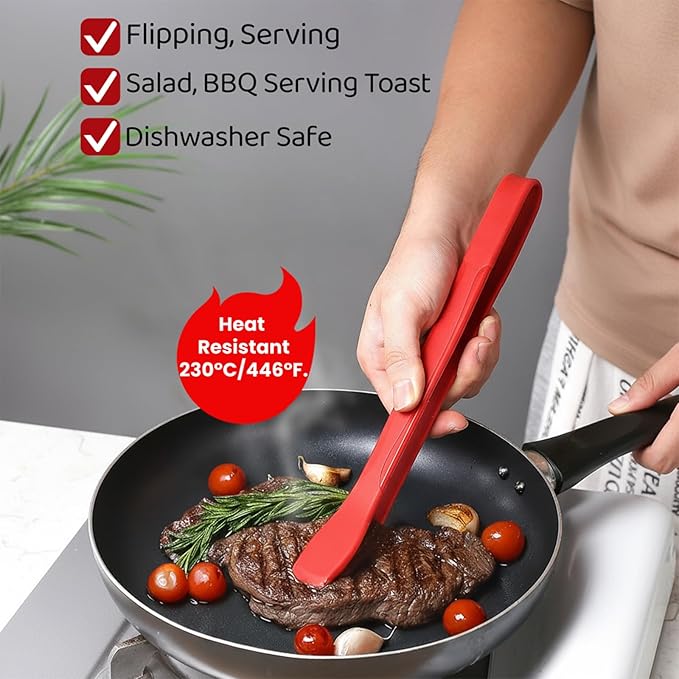 Silicone Tongs for Cooking, Red Heat Resistant Kitchen Tongs with Silicone Tips (11inch), Non-Scratch Food Tongs for Flipping, Serving, Salad, BBQ Serving Toast, Dishwasher Safe (Dark Red)