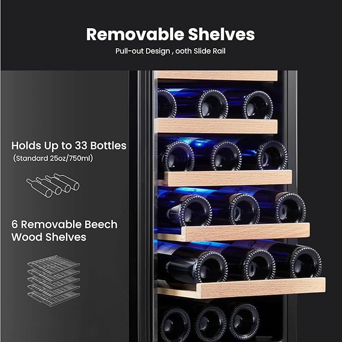 Yeego 15 Inch Wine Fridge Cooler - 33 Bottles Wine Cooler with Glass Door, 40-65℉ Built-In or Freestanding Refrigerator, Under Counter Wine Fridge for Kitchen Bar Office (Left-Hinged)