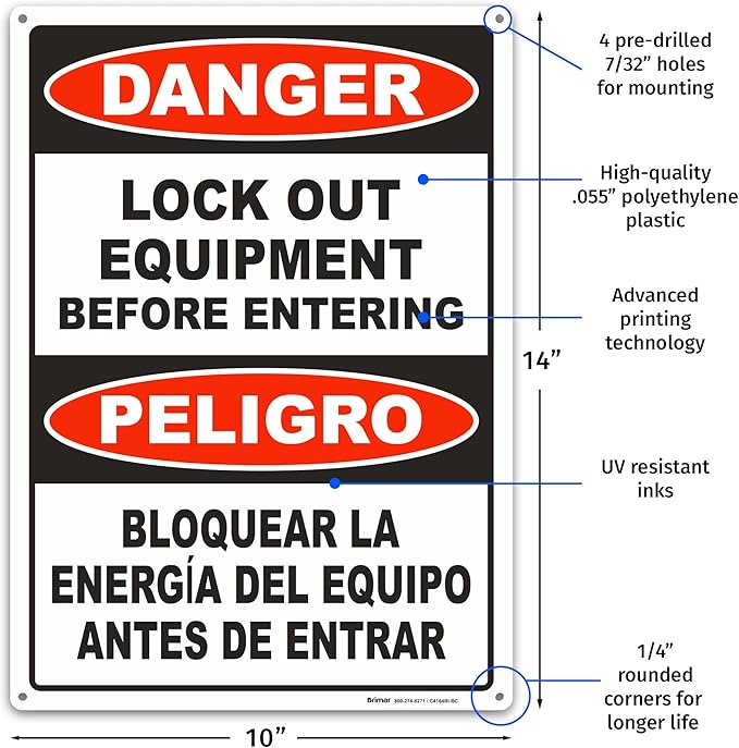 Brimar - 10 x 14" - Bilingual Danger Lock Out Equipment Sign - Polyethylene Plastic - Bilingual Design - Easy Installation