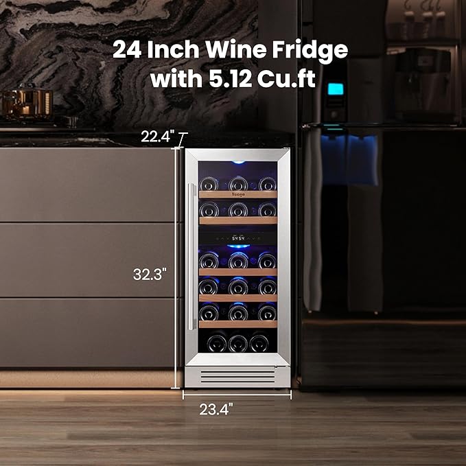 Yeego Wine Fridge Cooler - 15 Inch Dual Zone Wine Fridge Hold 28 Bottles, 40-65°F Wine Refrigerator Glass Door, Built in Fridge, Freestanding Adjustable Shelves Fridge for Beer Soda Drink Home Bar