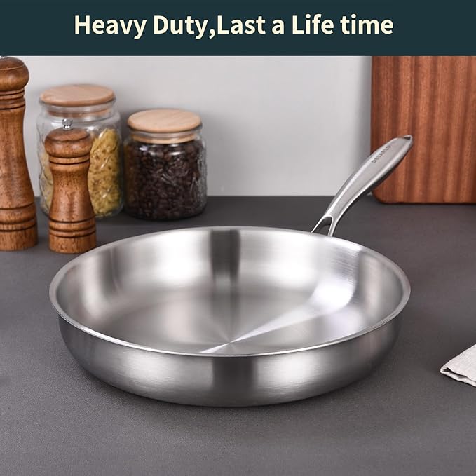 DELARLO Tri-Ply Stainless Steel Skillet, 9 inch Frying Pan, All Stove Compatible Up to 600℉, Fast Even Heat, Steak Pan, Heavy Duty Omelette Pan, Kitchen Small Egg Frying Pan 9in