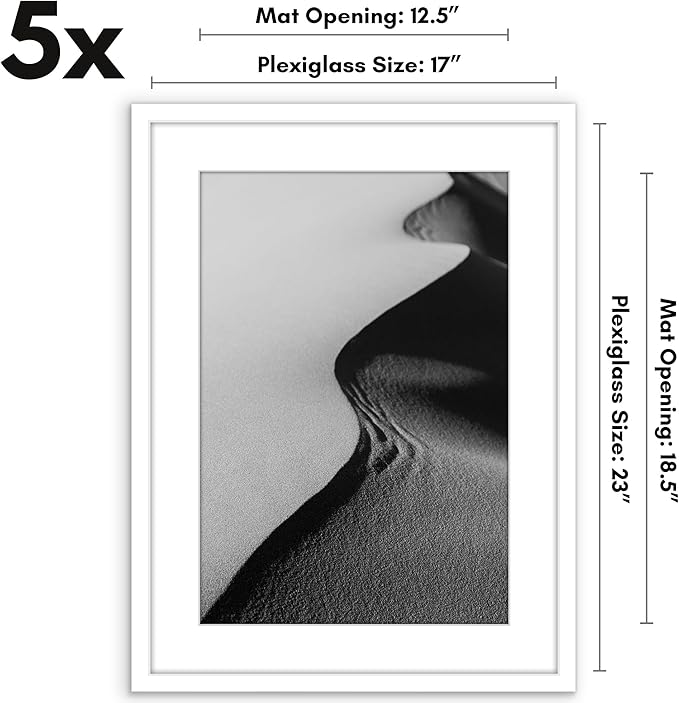Americanflat 17x23 Picture Frame with Polished Plexiglass - Set of 5 - Use as 13x19 Frame with Mat or Display 17x23 Photo Without Mat - Galleria Collection - Picture Frames for Wall Display - White