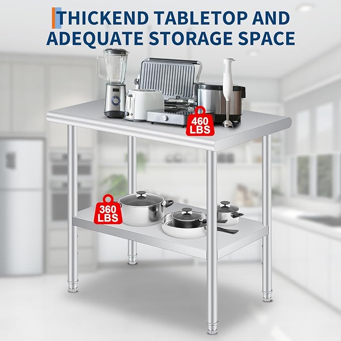  Stainless Steel Prep Table, 24 x 60 Inches, with Rounded-Corner, Adjustable Undershelf, Commercial Heavy Duty Table with Adjustable Under Shelf for Outdoor Use,Restaur
