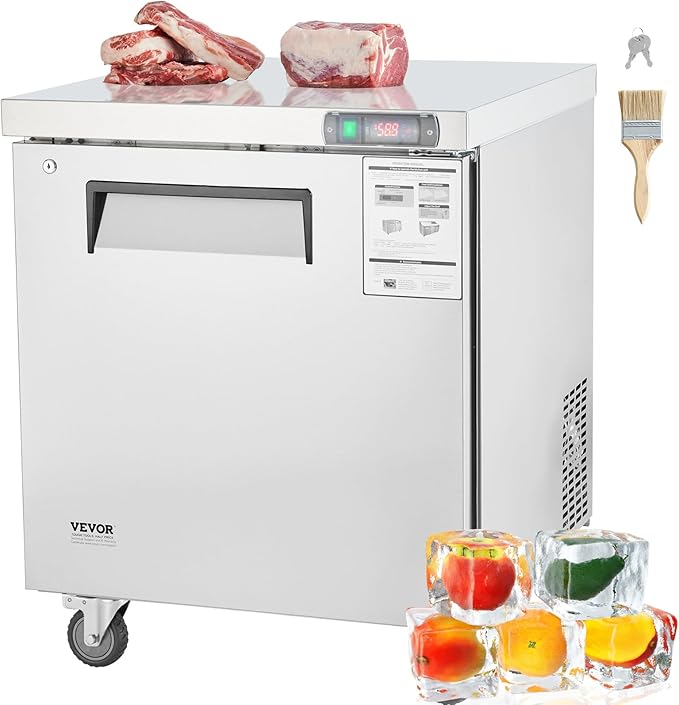 VEVOR 28" W Commercial Freezer Worktop, 7.4 Cu. Ft Undercounter Freezers with/Casters, <0~-8℉>Defrost Frozen Prep Table, Single Door Stainless Steel Food Frozen Prep Station for Restaurant, Diner