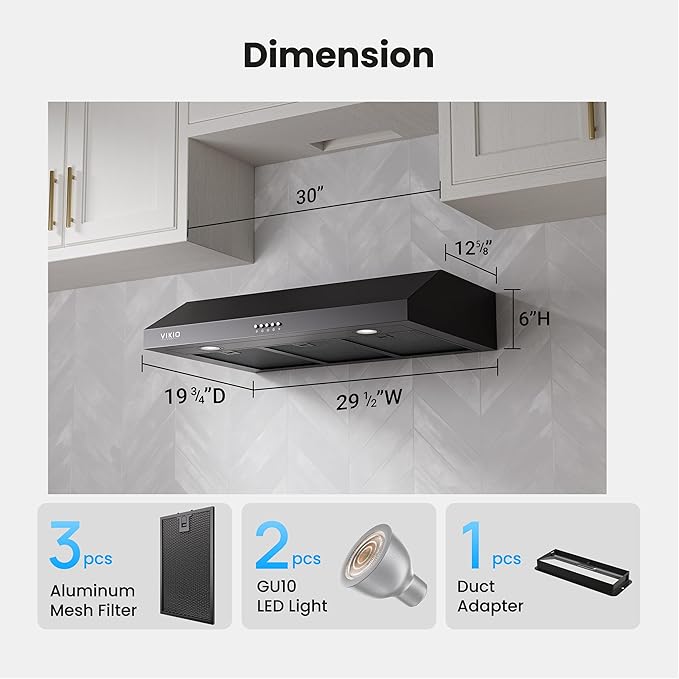 Under Cabinet Range Hood 30 Inch, 580 CFM Dual-Motor Kitchen Vent with LED Lights, Button Control, Ducted Stainless Steel Vent Hood, Reusable 5-Layer Aluminum Filters, Black