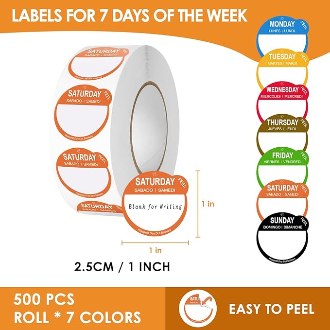 7000 Pcs 1 Inch Risepekt Removable Day Dots Food Labels (Monday-Sunday) 【English Español Français】, Easy to Peel Day of The Week Labels for Restaurant Kitchen Containers, Self Adhesive Date Stickers