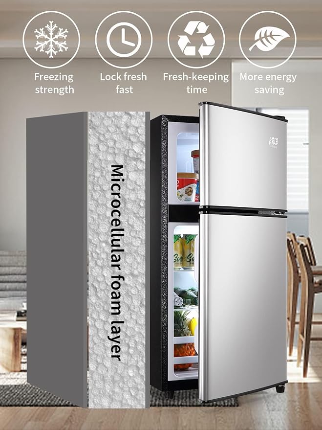 Mini Fridge, 3.5 Cu.Ft Compact Refrigerator Small Refrigerator 7 Level Adjustable Thermostat Removable Shelves with Stainless Steel 2 door for Office Dorm Apartment Silver