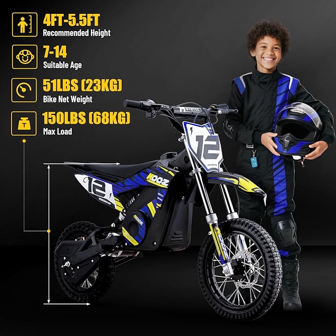 KOOZ HP112E 36V 1000W Electric Dirt Bike for Kids, 3 Speed Modes Teen Electric Motorcycle Up to 18 MPH & 15 Miles Long-Range, Dual Suspension & Disc Brake, 16" Sturdy Tire for Kids Teenagers