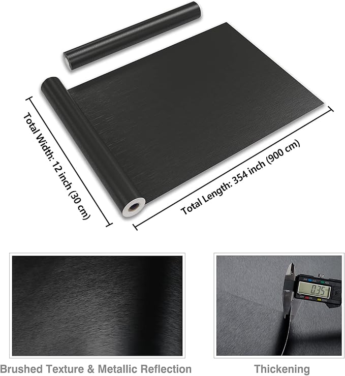 CRE8TIVE Brushed Black Stainless Steel Contact Paper Peel and Stick Thick Metallic Wallpaper Heat Resistant Self Adhesive Black Contact Paper for Kitchen Backsplash Appliances Fridge Covers 12"x354"