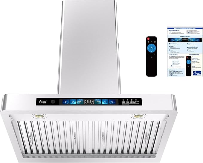 Awoco 30" Wall Mount Range Hood, T-Shape Kitchen Hood with 800 CFM, Voice, Gesture, Touch & Remote Controls, Stainless Steel, 6" Vent, Dimmable LED Lights, Baffle Filters, Adjustable Chimney