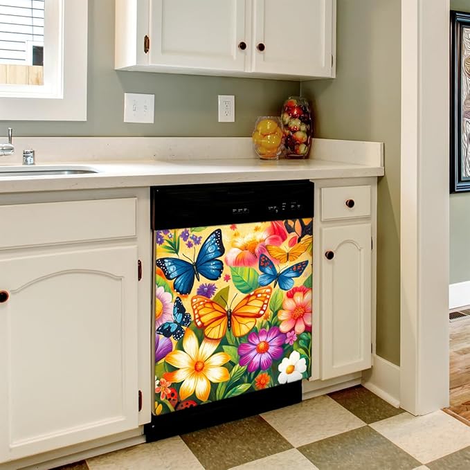 Colorful Butterflies Flowers Dishwasher Magnet Cover Front Dishwasher Cover Decor Reusable Magnetic Door Cover Panel Decal Home Appliances Stickers Kitchen Refrigerator Fridge 23"x26"