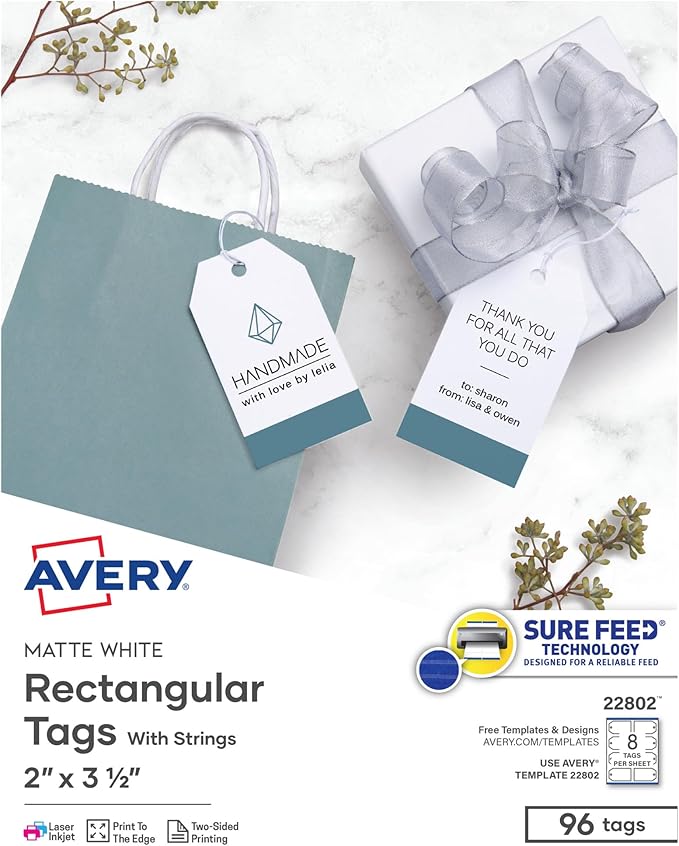 Avery® Printable Tags With Strings, Rectangle, 2" x 3 1/2", White, Pack of 96