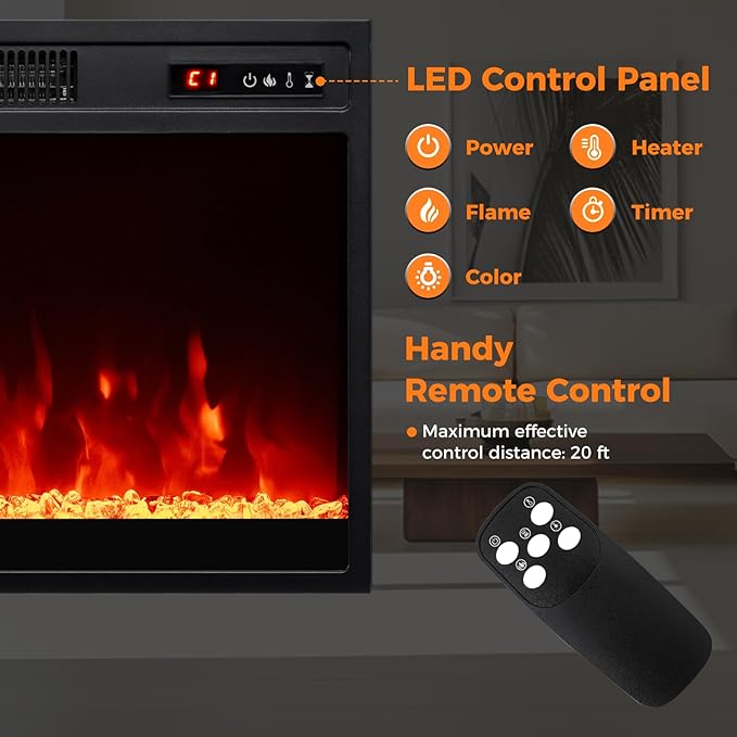 Tangkula 18 Inches Electric Fireplace, 5,000 BTU Fireplace Insert w/Remote Control, Crystal Stones, 3 Flame Colors & 5 Brightness, 0.5-9H Timer, Thermostat & Overheat Protection