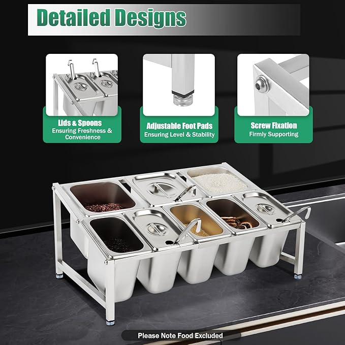 20"Pizza Topping Station with 8 Pans& Lids, Stainless Steel Food Pans Condiment Dispenser Food Container Countertop Spice Rack Organizer Holder for Seasoning Sauce Salad Jam Fruits Ingredients