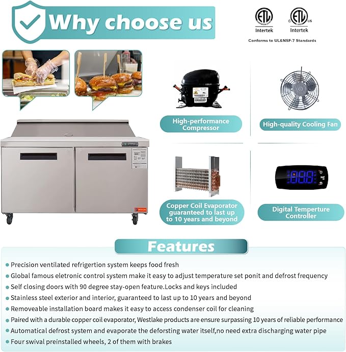 WESTLAKE 48" W 2 Door Refrigerator Sandwich&Salad Prep Table Commercial Stainless Steel Counter Fan Cooling Refrigerator with 12 pans-48 Inches for Restaurant, Bar, Shop, etc