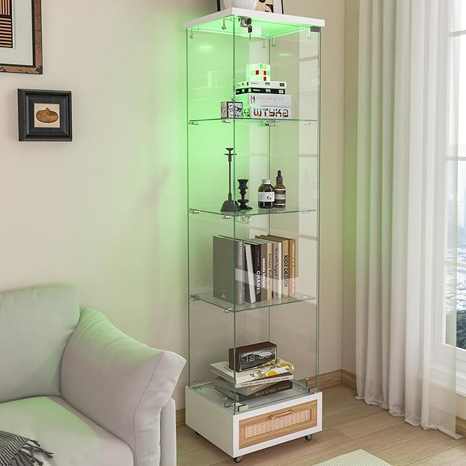 Yoluckea 4 Tiers Glass Display Cabinet with LED Lighting and Drawer, 1 Door Floor Standing Curio Cabinet with Wheel for Home, Office, Corner Display, White Glass Bookshelf for Collections and Decor