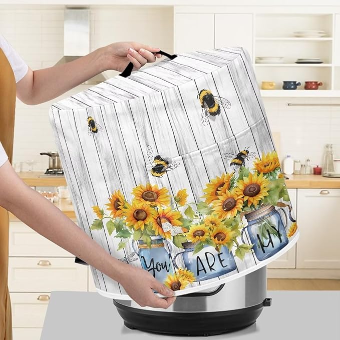 Insulated Pressure Cooker Appliance Cover, Also Fit for Rice Cooker, Air Fryer and Crock Pot, 3 Quart Dust Cover with Pocket for Spoon/Cooking Utensils/Recipes, Washable, Sunflower Vase Bee