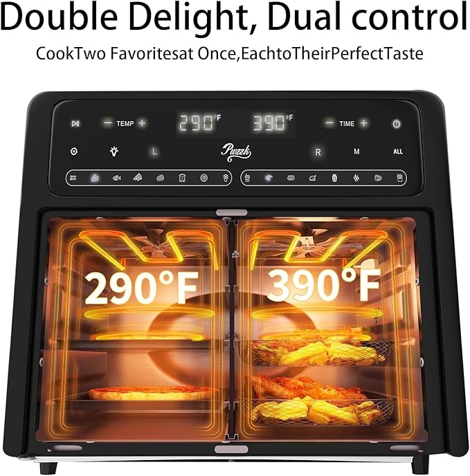 25.4QT Dual Zone Air Fryer Toaster Oven Combo, French Glass Door, XL Capacity, 100-430°F Temperature Range, 16 Preset Functions, LED Display, Dual Fan, 360° Heat Circulation