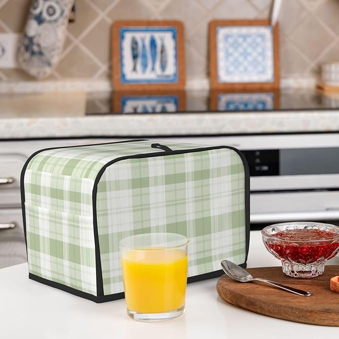 2 Slice Toaster Cover for Kitchen Pastel Green Buffalo Plaid Waterproof and Dustproof Toaster Dust Cover with Side Pockets Decorative Universal Cover for Wide Slot Toasters and Small Appliances
