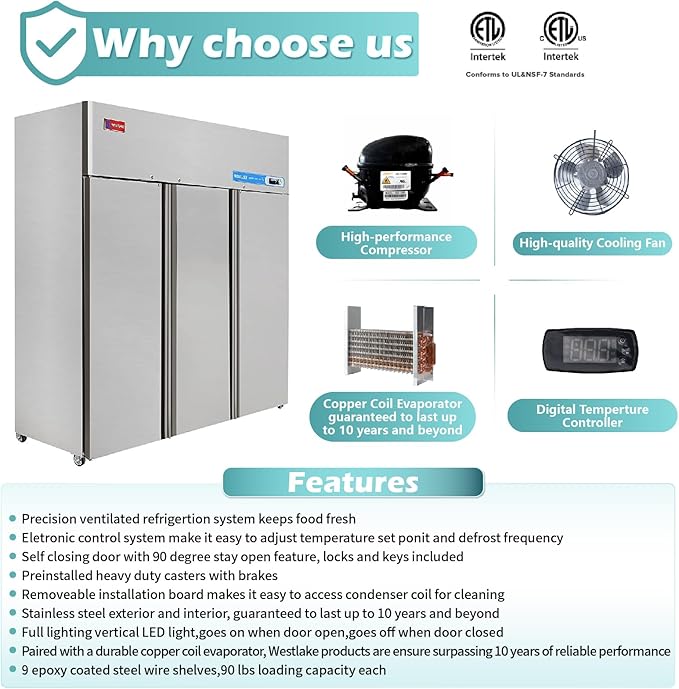 WESTLAKE 72" W Commercial Refrigerator 3 door 3 Section Stainless Steel Reach in Solid door Upright Fan Cooling 54 Cu.ft Cooler for Restuarant, Bar, Shop, etc