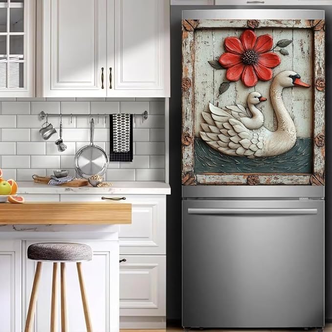 Swan with Red Flower Magnetic Dishwasher Cover Vinyl Sticker,Vintage Wooden Floral Dishwasher Magnet Cover,Rustic Wood Fridge Door Cover Magnets Art Skin Panel Decal for Home Decor, 23"X26"