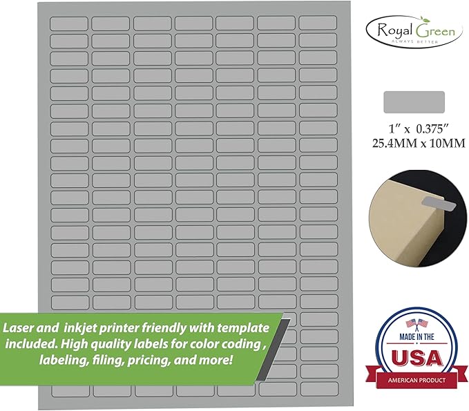 Small Sticky Labels Printable Stickers for Injket Printers in Gray - 1078 Pack, Small Matte Labels 1 inch x 0.375 inch for Laser Printers with Template Included