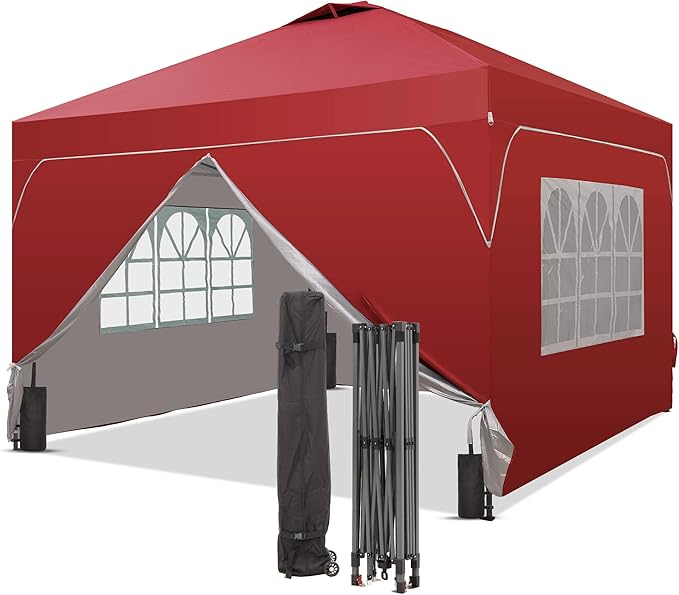 Saemoza 12x12 Pop Up Canopy Tent with One Push Setup, Outdoor Sun Shade Canopy with Vent Top for Backyard Party, Easy Up Instant Shelter with 4-Sandbags & Wheel Bag, Red.
