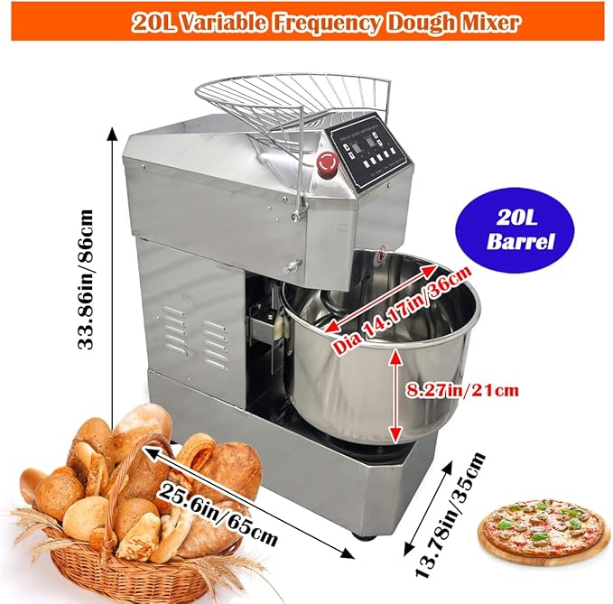 Commercial Spiral Dough Mixer 20L 304 Stainless Steel Stand Mixer with Double Action & Variable Speed, Heavy Duty Pizza & Bread Dough Kneading Machine for Restaurants, Bakeries, Home Kitchens