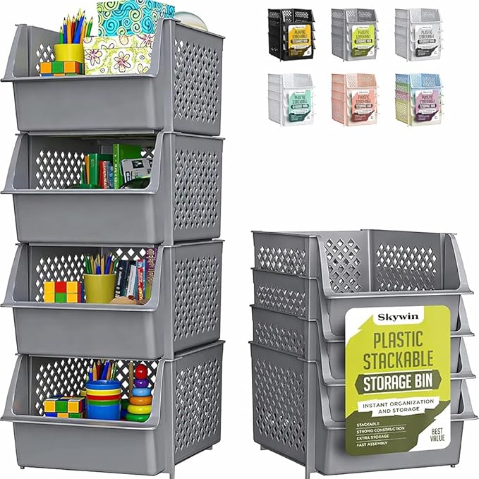 TidyFriend Plastic Stackable Storage Bins for Pantry, 4 Pack Stackable Bins For Organizing Food, Kitchen, and Bathroom Essentials (Grey)