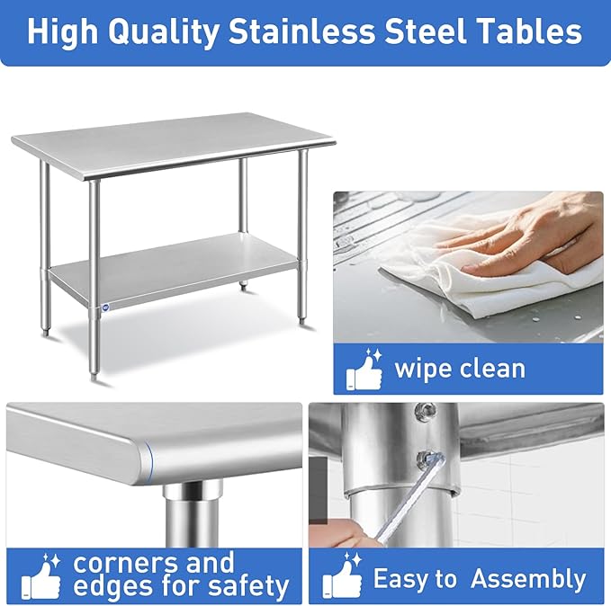 ROCKPOINT Stainless Steel Table for Prep & Work 18x36 Inches, NSF Metal Commercial Kitchen Heavy Duty Table with Adjustable Under Shelf and Table Foot for Restaurant, Home and Hotel