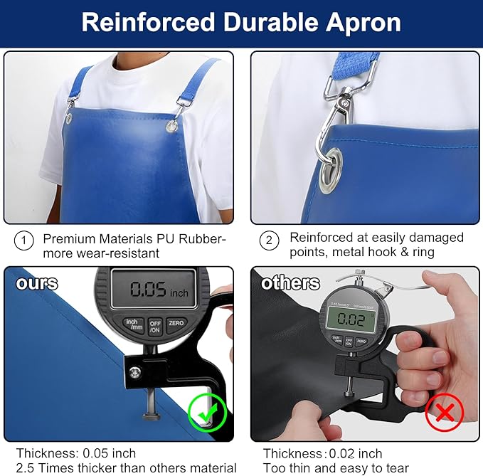 Heavy Duty Vinyl Industrial Anti-Tear Apron, 43" x 26" Waterproof, Chemical Resistant, Blue, Unisex-Adults