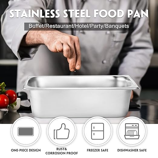 10 Pack Hotel Pans Stainless Steel Steam Table Pan 1/3 Size, 0.8 mm Thick Anti Jam Warming Pans for Food Warmer Restaurant Catering Supplies, 12.8 x 6.9 Inch(4 Inch Deep,Standard)