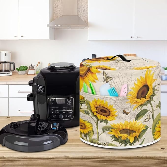 Air Fryer Cover, 6 Quart Appliance Covers for Kitchen Counter Pressure Cooker Air Fryer Rice Cooker Dust Cover with Storage Pockets, Sunflower Beige