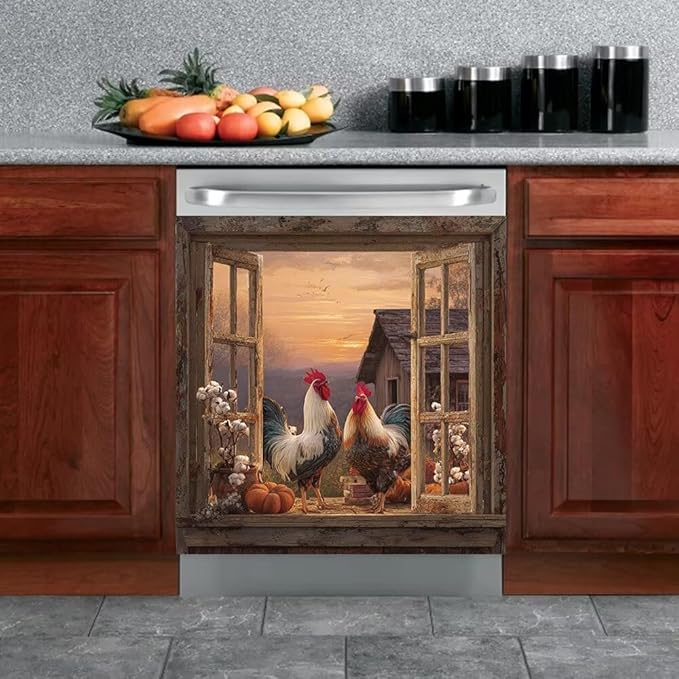 Farm Rooster Magnet Dishwasher Covers, Country Chicken Dishwasher Magnet Cover for Front, Hen Fridge Decal Cotton Flower Magnetic Refrigerator Sticker Kitchen Decorative, 23"X17"