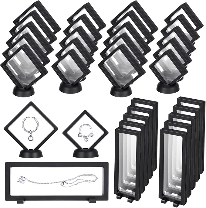 30 Pack 3D Floating Display Stand Floating Frame Display Case Coin Display Holder with Base Transparent PE Jewelry Storage Box Black Freeze Seal Frame for Jewelry,Specimen,Medallions(Black)