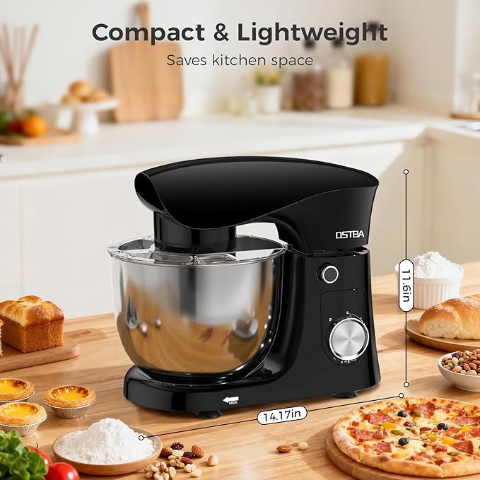OSTBA Stand Mixer, 5QT+5.5QT Two Bowls Electric Kitchen Mixer, 10+P Speed Dough Mixer with Whisk, Beater & Dough Hook, Dishwasher Safe, Black