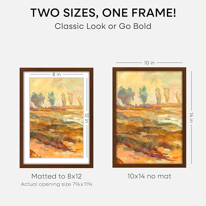 Homeforia 10x14 Brown Picture Frame, High End Dark Oak 10x14 Walnut Poster Frame with Mat 8x12, 10 x 14 Wooden Frame Matted to 8 by 12 inch Photo, 14x10 Thin Frames, Tempered Glass, Wall Kit, Set of 3