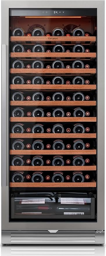 Ca'Lefort 24 Inch Wine Fridge - 90 Bottle Wine Cooler with Glass Door, 40-65°F Quiet Wine Refrigerator with Bottom Drawer 3 LED Light Built-in for Home/Bar/Kitchen Right-Hinged Door