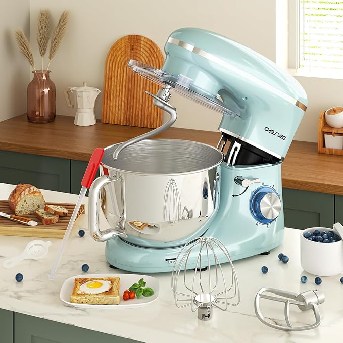 CHeflee Stand Mixer,660W 6+P With 6.5QT Stainless Steel Bowl,Dough Hook, Wire Whip & Beater,for Most Home Cooks (Blue)
