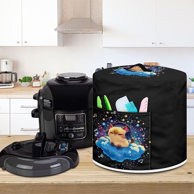 Xoenoiee Cat Starry Cloud Music Notes Pattern Pressure Cooker Cover for 8qt Kitchen Appliance Dust Cover with Pockets for Rice Cooker Air Fryer Slow Cooker