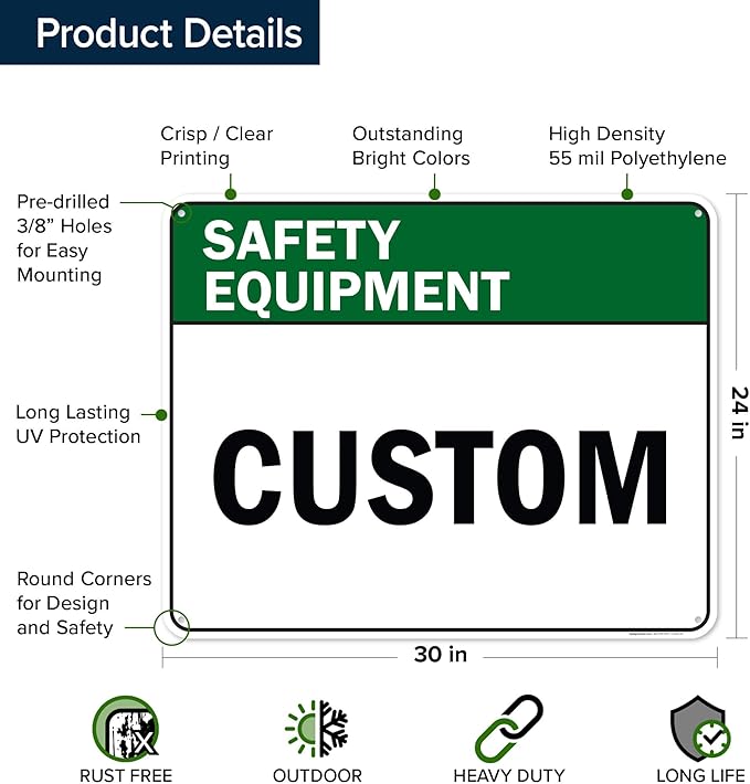 Custom Safety Equipment Sign, Ansi Sign, Osha Compliant, 24x30 Inches, 55 mil thick HDPE (high density polyethylene), Made in USA by My Sign Center