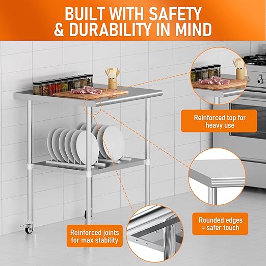 Stainless Steel Table with Wheels 24" x 30" Utility Worktable with Adjustable Undershelf for Commercial Kitchen, Garage, Restaurant
