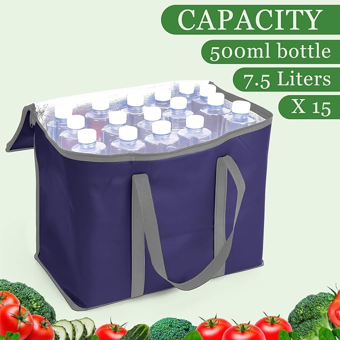 Kenning 15 Pcs Large Insulated Reusable Grocery Bags with Sturdy Zipper and Handles Foldable Washable Cooler Totes Heavy Duty Hot or Cold Food Delivery Bag for Food Transport Travel Lunch (Navy Blue)