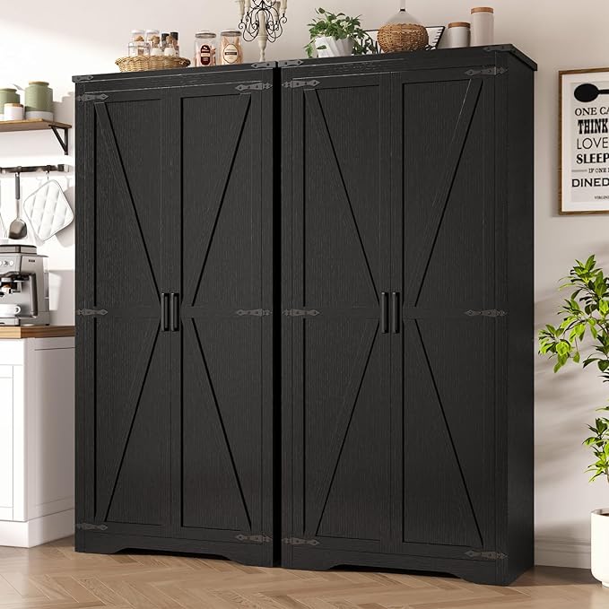 Tall Storage Cabinet with Adjustable Shelves, Farmhouse Pantry Organize with 2 Barn Doors, Large Freestanding Cabinet for Kitchen, Garage, Basement, Living, Utility Room, Black